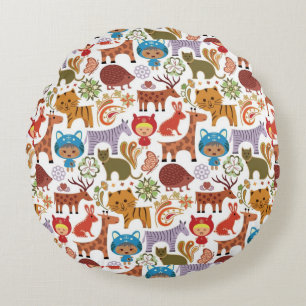 Abstract Child and Animals Pattern Round Pillow
