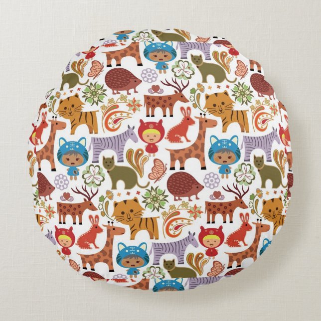Abstract Child and Animals Pattern Round Pillow (Front)