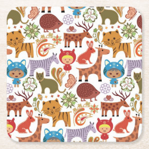 Abstract Child and Animals Pattern Square Paper Coaster