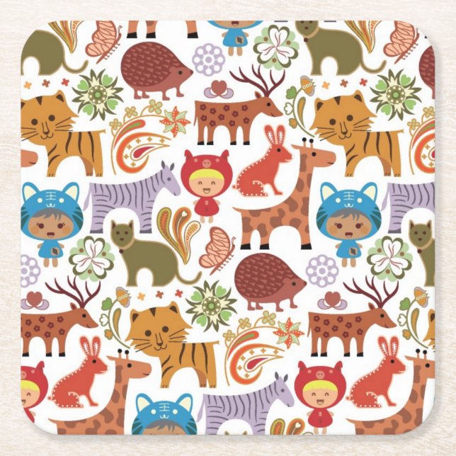 Abstract Child and Animals Pattern Square Paper Coaster (Front)