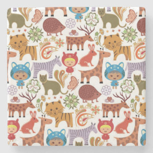 Abstract Child and Animals Pattern Stone Coaster