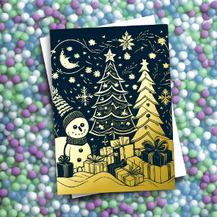 Abstract Christmas Theme Snowman Gold Foil Holiday Card