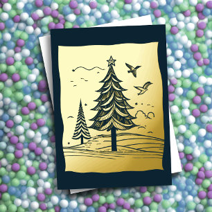 Abstract Christmas Theme Trees Gold Foil Holiday Card
