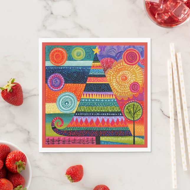 Abstract Christmas Tree, Colourful Folk Art, Napkin (Insitu)
