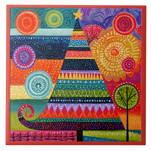 Abstract Christmas Tree, Colourful Folk Art, Tile (Front)