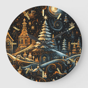 Abstract Christmas Village Chalk Drawing Night Sky Large Clock
