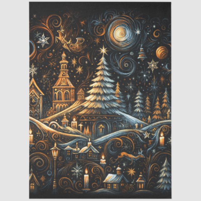 Abstract Christmas Village Chalk Drawing Night Sky Tissue Paper (Front)