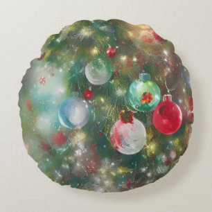 Abstract Christmas with Bows and Ornaments Round Pillow