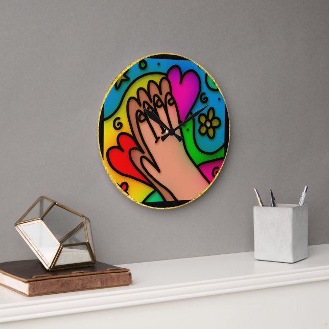 Abstract chromatic praying colourful jesus hands large clock (Office)