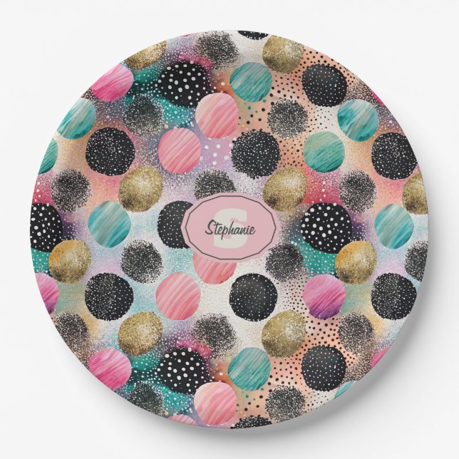 Abstract Circle Pattern -with Glitter & Speckles Paper Plate (Front)