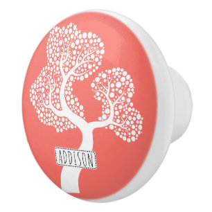 Abstract circle tree and name on living coral ceramic knob