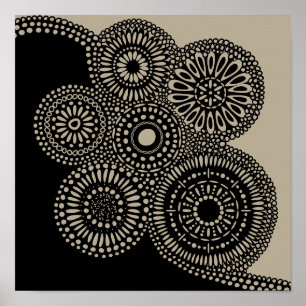 Abstract Circles Dots Flowers Black on Tan Print