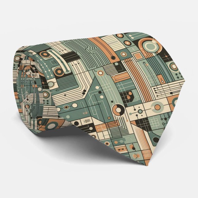 Abstract Circuit Board - Retro Mid Century Modern  Tie (Rolled)