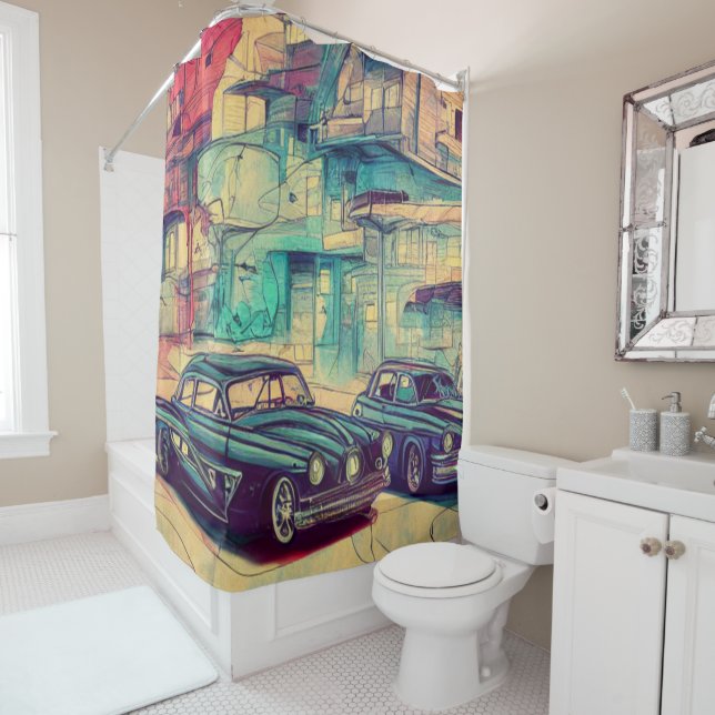 Abstract Classic Cars 1950s Shower Curtain (In Situ)