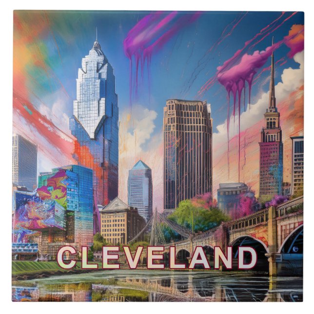 Abstract Cleveland Skyline Art Modern City Tile (Front)
