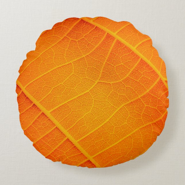 Abstract closeup of an orange and yellow leaf text round pillow (Front)