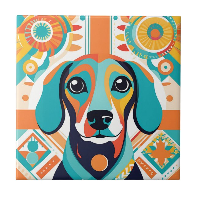 Abstract coloful dachshund art tile (Front)