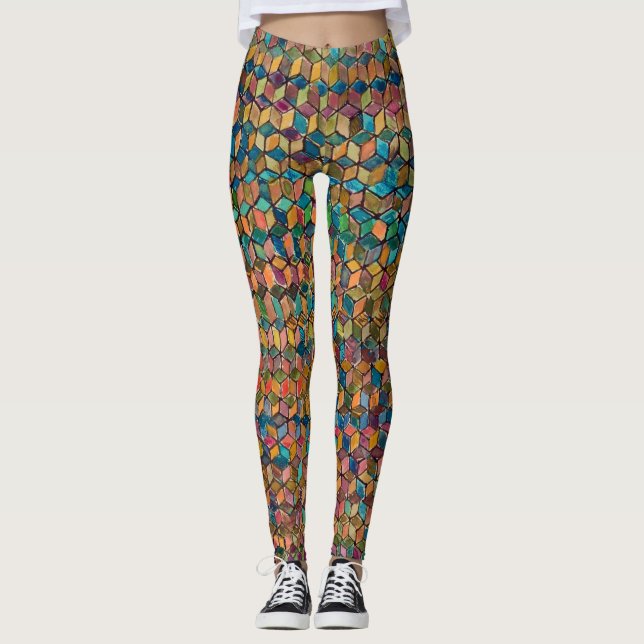 Abstract Colorful Geometric Patchwork Leggings (Front)