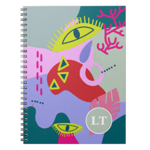 Abstract colorful green red eyes trendy monogram notebook