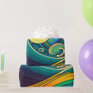 Abstract Colorful Retro 70s Hippie Waves Artwork   Wrapping Paper