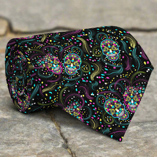 Abstract Colorful Spooky Skulls Halloween Tie
