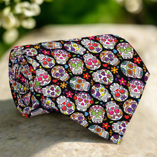 Abstract Colorful Spooky Skulls Halloween Tie