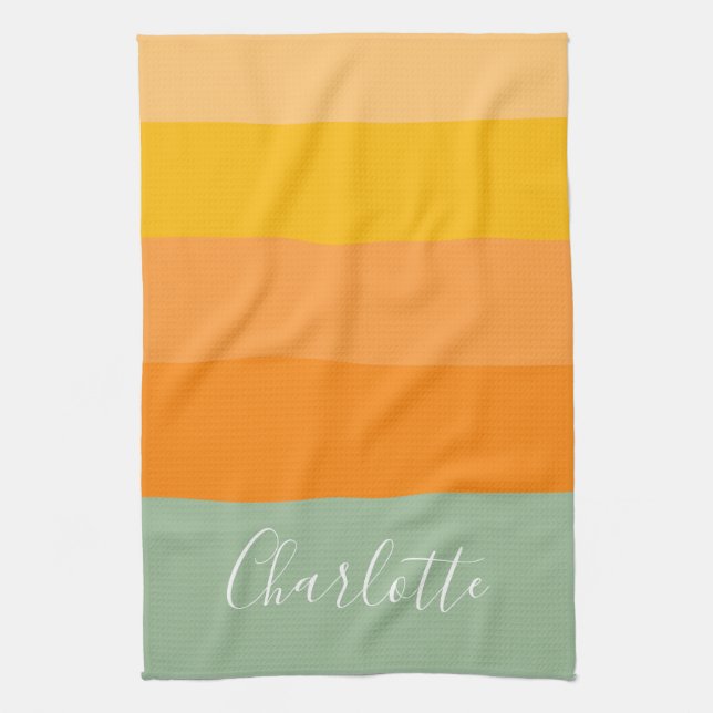 Abstract Colour Block Stripes Orange Mint Name  Kitchen Towel (Vertical)