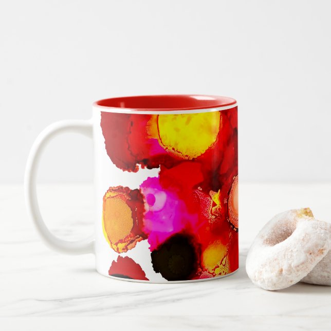 Abstract colour red and pink Two-Tone coffee mug (With Donut)
