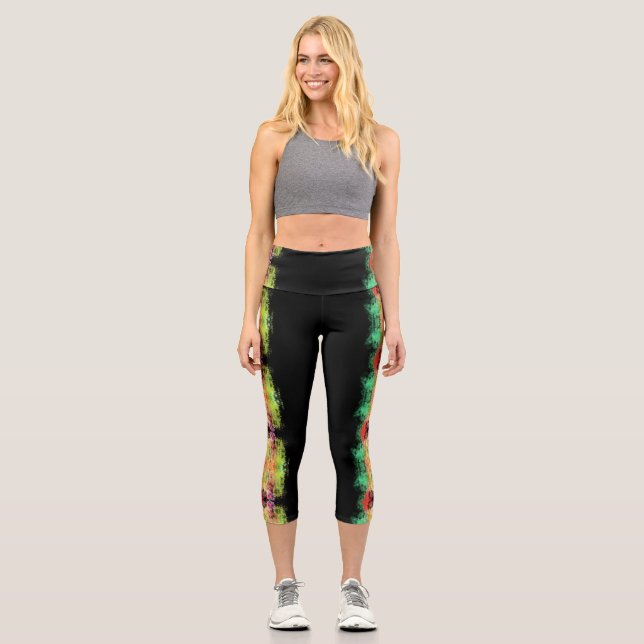 abstract colour splash floral design on black capri leggings (Front)