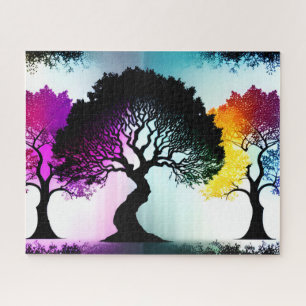 Abstract Colour Splashes on Silhouette Black Trees Jigsaw Puzzle