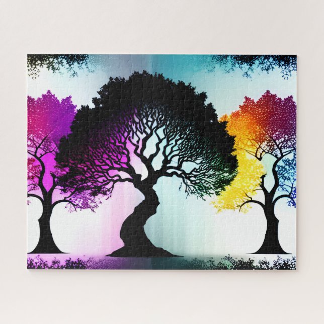 Abstract Colour Splashes on Silhouette Black Trees Jigsaw Puzzle (Horizontal)