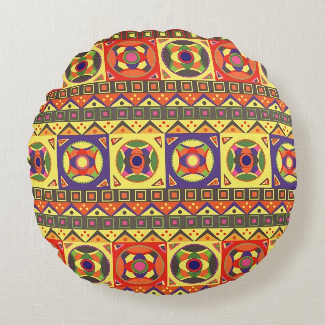 Abstract Colourful African Seamless Pattern with G Round Pillow (Front)
