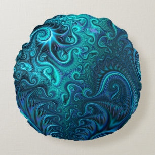 Abstract Colourful Blue & Teal Spiral Pattern Round Pillow