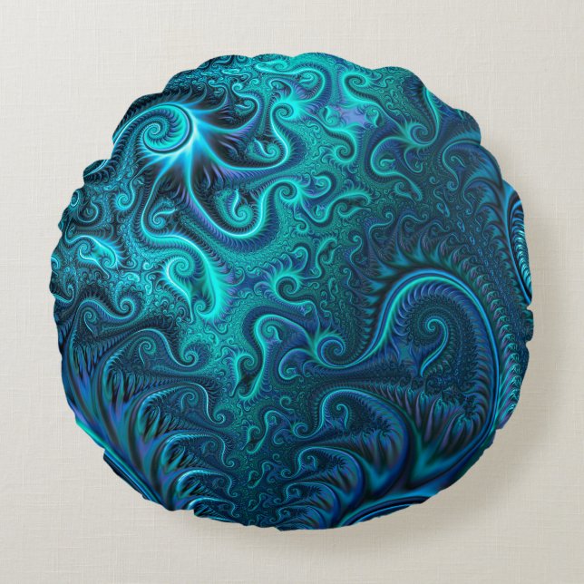 Abstract Colourful Blue & Teal Spiral Pattern  Round Pillow (Front)