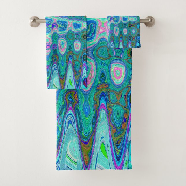 Abstract Colourful Blue Wavy Mosaic Retro Bath Towel Set (Insitu)