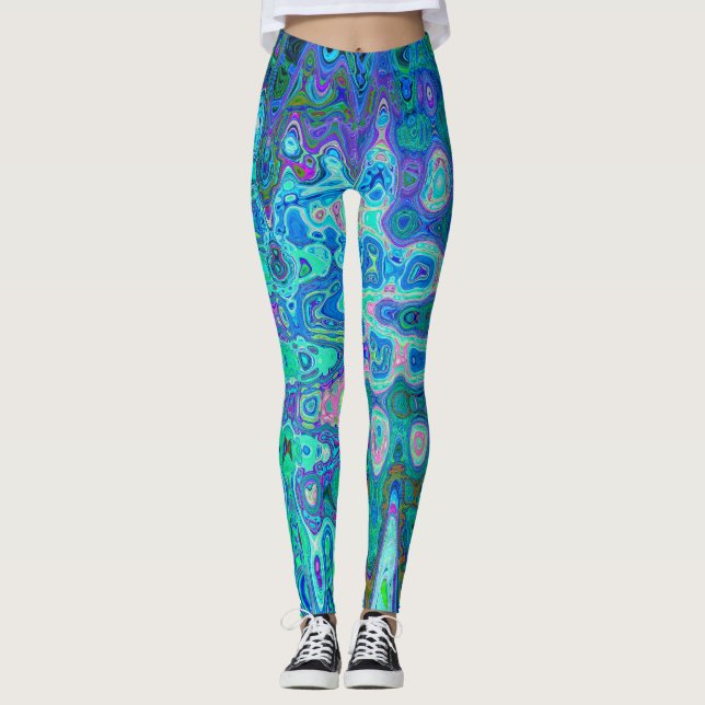 Abstract Colourful Blue Wavy Mosaic Retro Leggings (Front)
