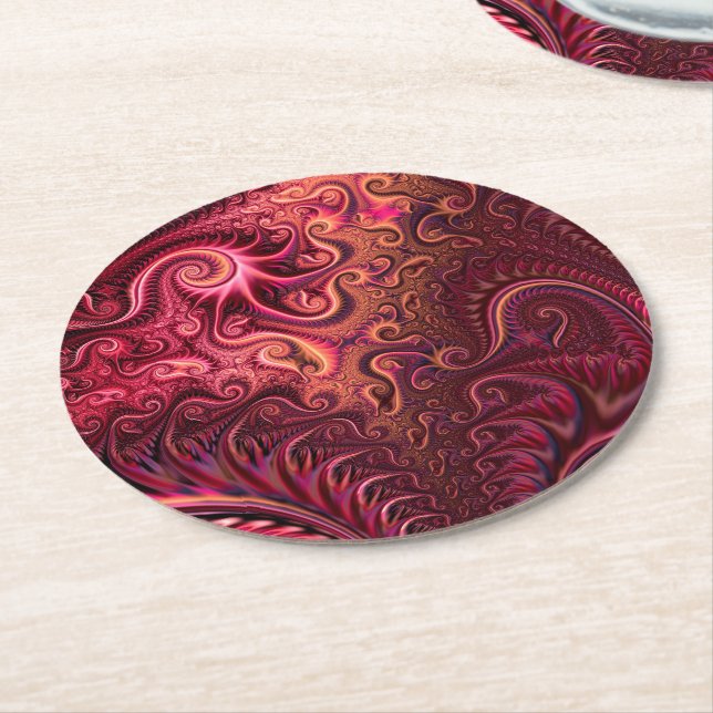 Abstract Colourful Burgundy Carmine Spiral Pattern Round Paper Coaster (Angled)