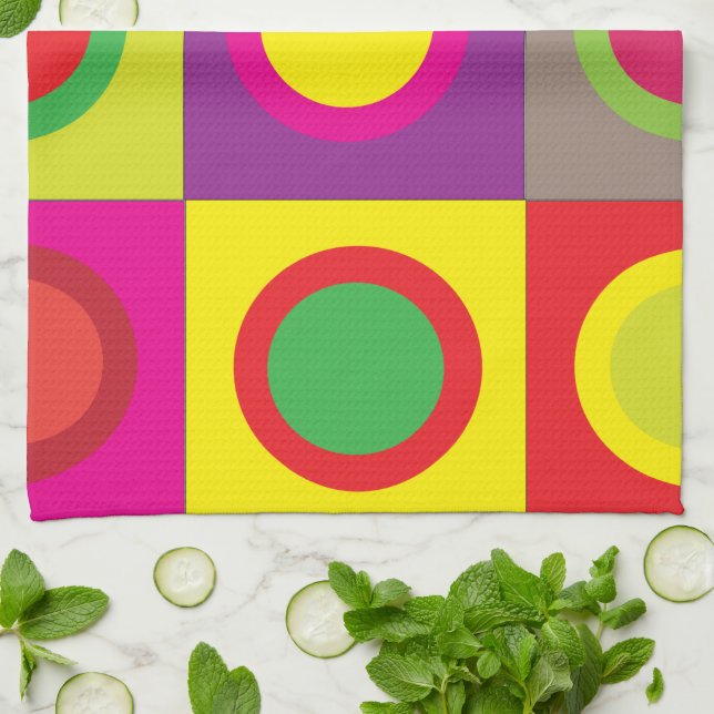 Abstract Colourful Circle Square Geometric  Kitchen Towel (Folded)