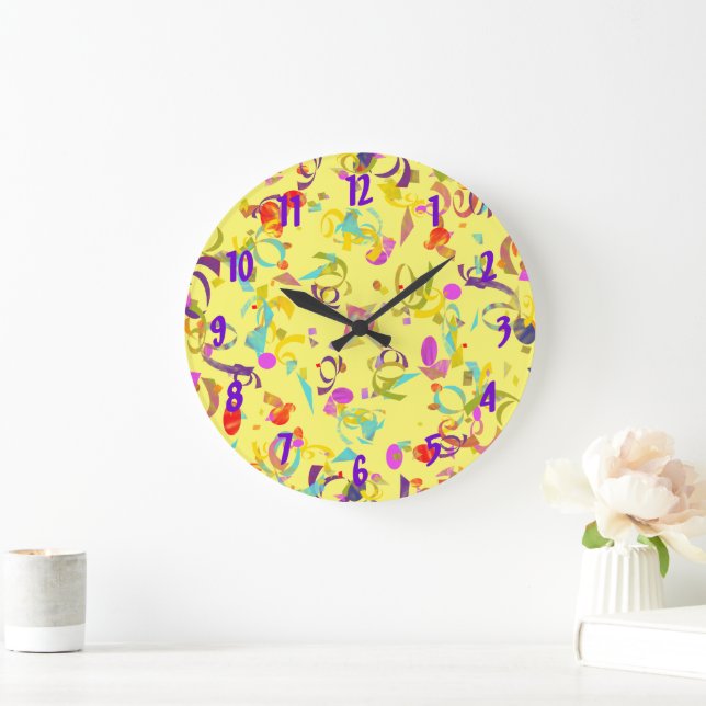 Abstract Colourful Confetti Toss Over Yellow Large Clock (Home)