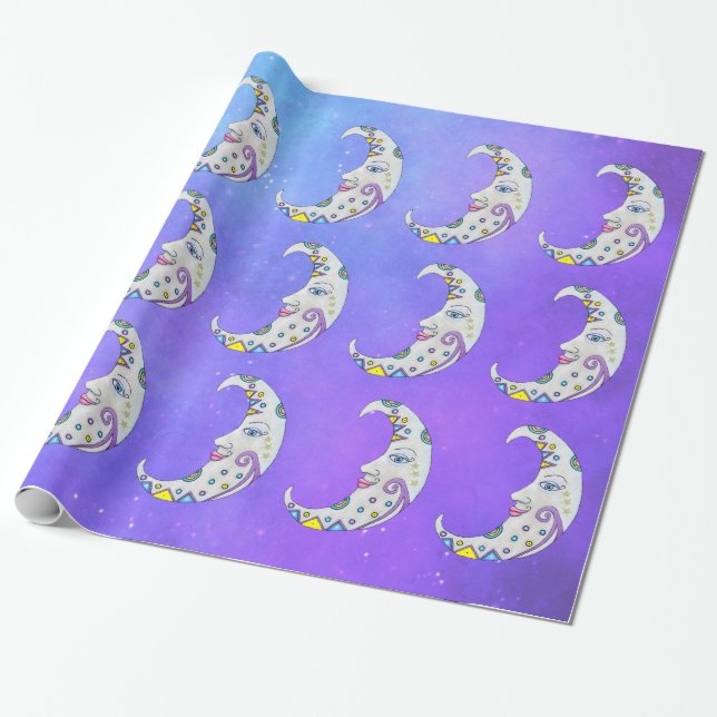 Abstract Colourful Crescent Moons Faces Stars Sky Wrapping Paper (Unrolled)