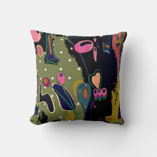 Abstract, colourful doodles, lines, polka dots throw pillow