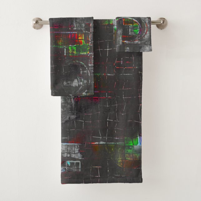 Abstract colourful drawing in dark night under jut bath towel set (Insitu)