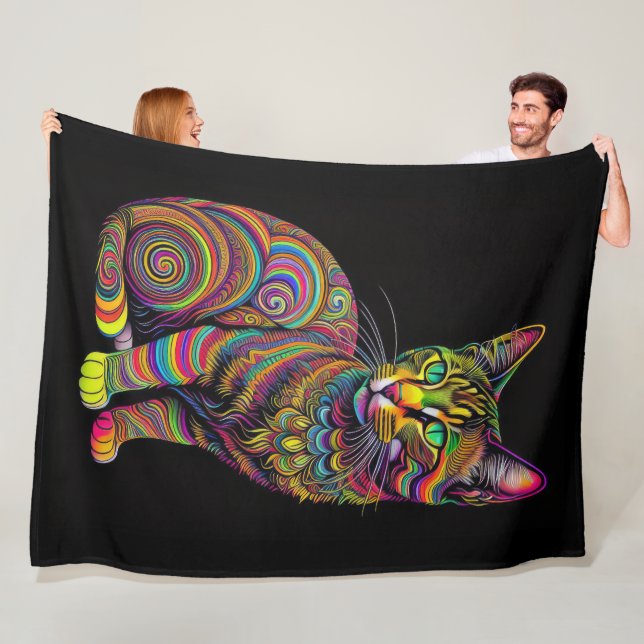 Abstract Colourful Drawing of A Cat Fleece Blanket (In Situ)