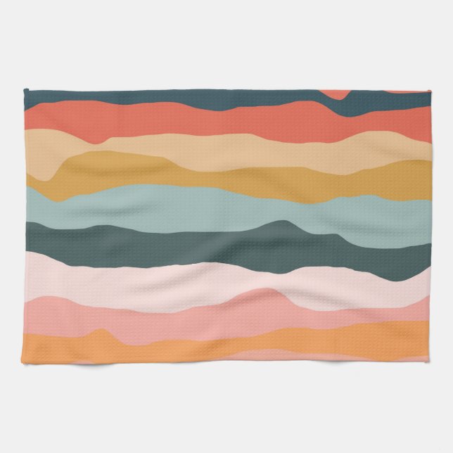 Abstract Colourful Earthy Coral Stripe Pattern Kitchen Towel (Horizontal)