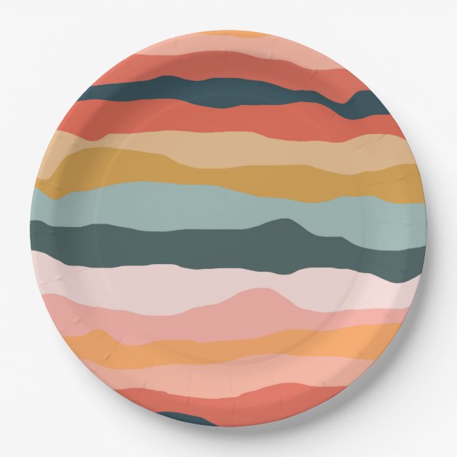 Abstract Colourful Earthy Coral Stripe Pattern Paper Plate (Front)