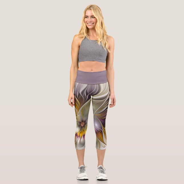 Abstract Colourful Fantasy Flower Modern Fractal Capri Leggings (Front)