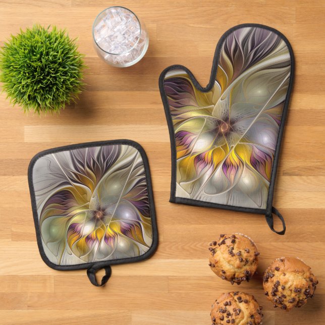 Abstract Colourful Fantasy Flower Modern Fractal Oven Mitt & Pot Holder Set (Top Down)