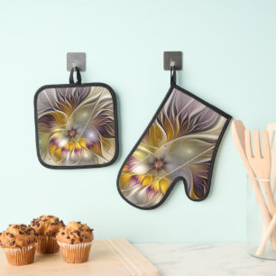 Abstract Colourful Fantasy Flower Modern Fractal Oven Mitt & Pot Holder Set