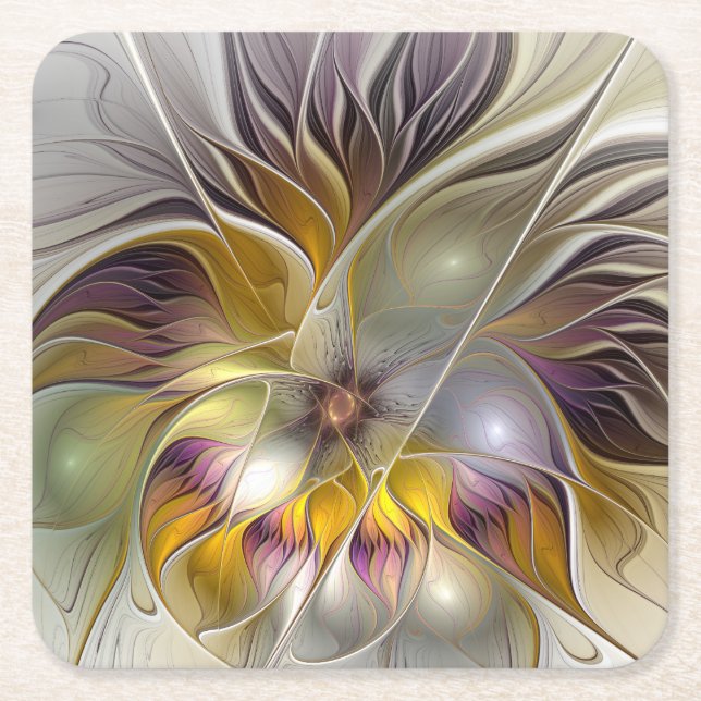 Abstract Colourful Fantasy Flower Modern Fractal Square Paper Coaster (Front)