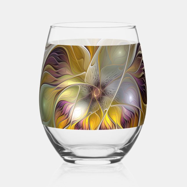 Abstract Colourful Fantasy Flower Modern Fractal Stemless Wine Glass (Front)
